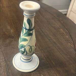 Hand-Painted Ceramic Candle Holder in White and Green